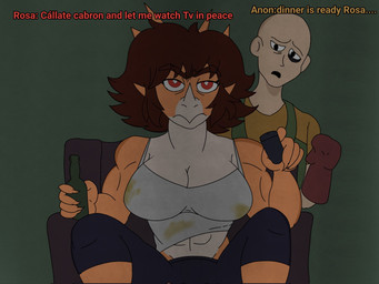 abs abuse annoyed anthro bald beer_bottle big_breasts biped bottle bottomwear breasts brown_hair bruised bruised_eye clothed clothed_anthro clothed_female clothed_human clothed_male clothing container dialogue dominant dominant_anthro dominant_female duo female fingers front_view frown grease_stains hair holding_object humanoid_hands male married_couple medium_hair muscular muscular_anthro muscular_female non-mammal_breasts orange_body pants profanity red_eyes sad scared sitting stained_clothing submissive submissive_human submissive_male talking_to_another tan_body text tv_remote hantu_hyena cavemanon_studios goodbye_volcano_high ko_op_(game_developer) snoot_game anon_(snoot_game) rosa_(gvh) aquilops ceratopsian dinosaur human mammal marginocephalian ornithischian prehistoric_species reptile scalie 2025 4:3 colored english_text hi_res spanish_text