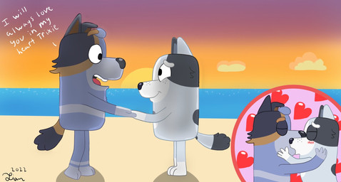 anthro beach blush cloud detailed_background dialogue dipstick_limbs dipstick_tail duo eye_contact eyes_closed female freckles fur happy head_tuft heart_background heart_symbol kissing looking_at_another love male male/female markings multicolored_body multicolored_fur open_mouth paws pivoted_ears sand sea seaside simple_background smile sun sunset tail tail_markings text tuft water unknown_artist bluey_(series) stripe_heeler trixie_heeler australian_cattle_dog canid canine canis cattledog domestic_dog herding_dog mammal pastoral_dog 2022 digital_media_(artwork) english_text hi_res multiple_scenes signature