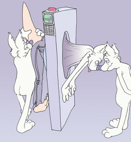 3_toes anthro assimilation butt character_in_the_abstract character_transformation clone eye_contact feet group looking_at_another machine male nose_to_nose number percentage round_nose simple_background smile tail tf_into_fictional_character toes toonification toony transformation transformation_ring trio twinning what swatcher tooner swatcher_(character)