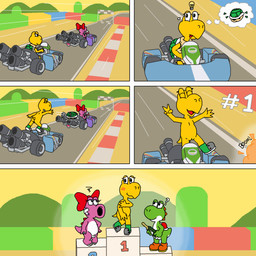 5_panel_comic accident accidental_exposure alcohol angry anthro arm_outstretched back_spikes balls bandage bandage_on_face belly beverage biped blush blush_lines bodily_fluids boom boots boots_only bow_ribbon butt celebrating champagne champagne_bottle claws clothed clothing confusion countershading covering covering_chest covering_crotch covering_self detailed_background determined diamond_ring driving driving_kart embarrassed explosion exposed eyelashes eyes_closed featureless_chest female finish_line first_place flat_chested footwear footwear_only freckles frown genitals gesture green_body green_boots green_clothing green_footwear green_shell group gynomorph half-closed_eyes hand_gesture hand_on_hip happy head_spikes hill holding_object idea idea_bulb intersex jumping kart koopa_shell looking_aside looking_at_another mostly_nude narrowed_eyes nervous nervous_smile non-mammal_vulva nude open_mouth open_smile orange_boots orange_clothing orange_footwear outside penis pink_body plant podium public public_exposure pussy_peek question_mark racetrack raised_leg rear_view red_bow red_spikes ring_(jewelry) road semi-anthro shell shoes shoes_only short_tail small_penis smile solo_focus speed_lines spikes spikes_(anatomy) spotlight steel-toe_boots sweat sweatdrop sweater tail text thinking thought_bubble thoughtful_expression three-quarter_view throwing throwing_object throwing_weapon toe_claws tongue tongue_out toony topwear tree trio turtle_shell turtleneck undressing v_sign vehicle vulva white_belly white_body white_countershading worried_look yellow_body pixel_vibri mario_bros mario_kart nintendo birdo_(character) fan_character khloe_koopa yoshi_(character) birdo koopa koopa_troopa scalie yoshi 1:1 2026 absurd_res aliasing comic digital_media_(artwork) english_text hi_res pictographics