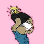 1:1 anthro black_clothing black_shirt black_t-shirt black_topwear blonde_hair bovid bovine briefs brown_body brown_fur butt capra_kid cattle clothing dressing fur hair hanes josh_(capra_kid) male mammal pink_background pink_nose shirt shocked simple_background solo t-shirt tighty_whities topwear underwear white_briefs white_clothing white_underwear