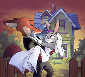 anthro black_tie_(suit) bridal_carry building carrying_another claws clothed clothing detailed_background dress duo eye_contact fence fluffy fluffy_tail fur grey_body grey_fur house inner_ear_fluff looking_at_another male orange_body orange_fur outside plant shrub sky smile standing suit sunset tail tuft wedding_dress gabriel_tng disney zootopia judy_hopps nick_wilde canid canine fox lagomorph leporid mammal rabbit red_fox true_fox