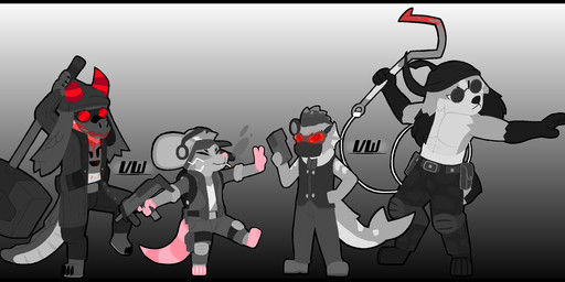 abs anthro backpack band-aid bandage bandage_wraps belt black_body black_claws black_fur blood blood_on_clothing blood_on_face blood_on_object blood_on_weapon bodily_fluids boots bottomwear cargo_pants cheek_tuft cigarette cigarette_in_mouth claws clothed clothing coat device dorsal_fin durag electronics eyes_closed eyewear eyewear_on_head facial_tuft fangs feet fin finger_claws fingers floppy_ears fluffy fluffy_tail footwear fur gesture glasses goggles goggles_on_head grappling_hook grey_body grey_fur group gun hammer hand_gesture hat head_wrap headgear headlamp headphones headset headwear hindpaw holding_device holding_melee_weapon holding_object holding_ranged_weapon holding_weapon hook horn hud knee_pads lamp layered_clothing lineup long_ears male markings mask melee_weapon multicolored_body multicolored_fur muscular muscular_anthro muscular_male object_in_mouth one_leg_on_ground open_clothing open_coat open_topwear pants paws pink_paws pink_tail ranged_weapon red_eyewear red_goggles round_glasses scales scaly_tail scut_tail serious_face sharp_teeth shirt shirtless shoes short_tail simple_background size_difference sledgehammer smile smoking smoking_cigarette stained_clothing standing striped_body striped_markings striped_tail stripes submachine_gun sunglasses t-shirt tactical_gear tail tail_markings teeth text thick_outline toe_claws toes tools topwear trenchcoat tuft two_tone_body two_tone_fur utility_belt uzi v_sign vest weapon whiskers white_body neverd atlyss madness_combat 2bdamned deimos_(madness_combat) hank_j._wimbleton sanford_(madness_combat) aquatic chang_(atlyss) fish imp_(atlyss) kobold kubold_(atlyss) lagomorph leporid mammal mouse murid murine poon_(atlyss) rabbit reptile rodent scalie shark crossover digital_media_(artwork) hi_res signature tagme