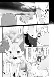 anthro blush braixen comic duo female feral generation_1_pokemon generation_6_pokemon greyscale hi_res japanese japanese_text kemoribbon monochrome ninetales nintendo pokemon pokemon_(species) text tombstone translation_request