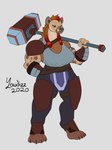 anthro armor dreadlocks feet female hammer mohawk muscular muscular_anthro muscular_female teeth_showing tools weapon yaudizz dungeons_and_dragons hasbro wizards_of_the_coast gnoll hyena mammal hi_res