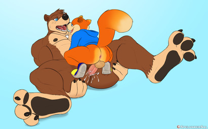 3_toes after_kiss anal anal_penetration anthro anthro_on_anthro anthro_penetrated anthro_penetrating anthro_penetrating_anthro anus backsack balls barazoku bareback biceps blue_background bodily_fluids bottomless bottomless_anthro bottomless_male butt claws clothed clothed/nude clothing crouching cum cum_in_ass cum_inside curling_toes duo erection eye_contact feet footwear from_front_position fur genital_fluids genitals hoodie humanoid_genitalia humanoid_penis larger_penetrated larger_sub looking_at_another looking_pleasured lying male male/male male_penetrated male_penetrating male_penetrating_male missionary_position muscular muscular_anthro muscular_male narrowed_eyes nipples nude on_back open_mouth open_smile pawpads pecs penetration penile penile_penetration penis penis_in_ass saliva saliva_string sex shoes simple_background size_difference small_top small_top_big_bottom smile soles spread_legs spreading submissive sweat teeth thick_thighs toes tongue topwear tuft spelunker_sal banjo-kazooie conker's_bad_fur_day rareware banjo_(banjo-kazooie) conker bear mammal rodent sciurid tree_squirrel 2023 hi_res