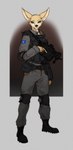 anthro armed blue_eyes boots clothing elbow_pads equipment female footwear gun jumpsuit knee_pads military military_uniform ranged_weapon shoes solo uniform weapon lethal_doors matthews_(razumi) canid canine fennec_fox fox mammal true_fox hi_res