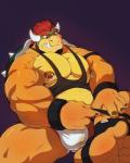 2_horns anthro claws clothing eyebrows feet foot_focus hair horn male muscular muscular_anthro muscular_arms muscular_legs muscular_male nails nipple_piercing nipples pecs piercing red_hair shell solo teeth toe_claws vein kusunagi mario_bros nintendo bowser koopa scalie 2018 4:5 hi_res