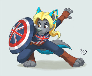 action_pose anthro blonde_hair blue_bottomwear blue_clothing blue_pants blue_tail blue_topwear bottomwear clothed clothing ear_piercing ear_ring female female_anthro fur glistening glistening_eyes grey_body grey_fur grey_tail hair holding_object holding_shield logo long_hair mouth_closed orange_eyes pants piercing pose ring_piercing shield simple_background solo standing tail topwear union_jack white_background pandapaco marvel what_if...? captain_britain canid canine mammal artist_logo signature