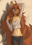 5_fingers anthro bottomwear breasts brown_eyes brown_hair brown_tail clothed clothed_anthro clothed_female clothing countershade_torso countershading ear_piercing fingers front_view fully_clothed fully_clothed_anthro fully_clothed_female fur hair hip_tattoo inner_ear_fluff long_hair long_tail looking_aside navel neck_tattoo one_ear_up pants piercing small_breasts standing tail tan_body tan_fur tattoo topwear tuft tinygaypirate apogee_(tinygaypirate) canid canine canis domestic_dog mammal 2024 digital_media_(artwork) hi_res