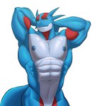 abs anthro areola biceps biped blue_areola blue_body blue_nipples blue_spikes blue_tail digital_media_(artwork) dragon generation_3_pokemon green_eyes hands_behind_head hi_res looking_at_viewer male markings matchykiwaii mouth_closed muscular muscular_anthro muscular_male mythological_creature mythological_scalie mythology navel nintendo nipples nude pecs pokemon pokemon_(species) pupils red_markings salamence scalie simple_background slit_pupils solo spikes spikes_(anatomy) standing tail triceps white_background white_body