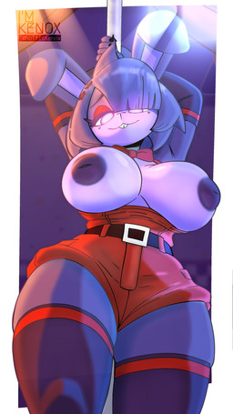 absolute_territory accessory anthro areola armwear belt border bow_tie breasts buckteeth clothed clothing crossgender exposed_breasts eyelashes eyeshadow female female_anthro front_view fur hair hair_accessory hands_behind_head inverted_nipples legwear looking_at_viewer makeup nipples pink_eyes pole purple_areola purple_armwear purple_body purple_clothing purple_fur purple_hair purple_legwear purple_nipples purple_thigh_highs red_bow_tie red_clothing red_eyeshadow short_hair smile solo star_hair_accessory stripper_pole teeth thick_thighs thigh_highs topless topless_anthro topless_female white_border wide_hips whotfiskenox five_nights_at_freddy's fredina's_nightclub scottgames bonfie_(cryptiacurves) bonnie_(fnaf) lagomorph leporid mammal rabbit 9:16 hi_res