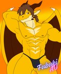 anthro black_clothing black_thong black_underwear brown_hair brown_horn bulge clothing hair horn male muscular muscular_male pecs red_eyes solo thong underwear wings yellow_body wolfe_fubuki european_mythology mythology kent_izumi dragon mythological_creature mythological_scalie scalie western_dragon hi_res