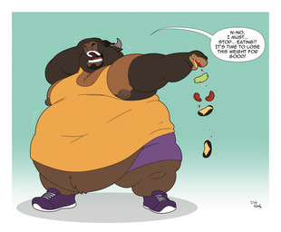 anthro belly belly_overhang belly_peeking_out bottomwear burger clothing covering covering_eyes covering_face dialogue food footwear holding_food holding_object horn male navel_outline nipples obese obese_male open_mouth overweight overweight_male shirt shoes shorts simple_background solo speech_bubble tank_top teeth text tongue topwear duly_noted bovid bovine cattle mammal english_text hi_res sequence