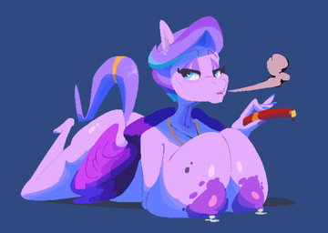 anthro anthrofied areola big_breasts blue_background blue_eyes bodily_fluids breasts butt cigar elderly elderly_anthro elderly_female feathers female hair half-closed_eyes holding_object huge_breasts jewelry lactating lying mature_anthro mature_female milk narrowed_eyes necklace nipples on_front purple_areola purple_body purple_feathers purple_hair purple_nipples simple_background smoke smoke_from_mouth smoking solo wings smutbooru hasbro mlp_g5 my_little_pony mythology queen_haven_(mlp) equid equine mammal mythological_creature mythological_equine pegasus aliasing binary_drawing digital_drawing_(artwork) digital_media_(artwork) hi_res