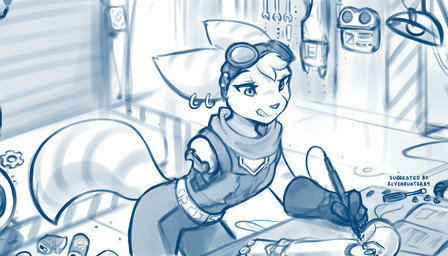 anthro belt biped bottomwear breasts clothed clothed_anthro clothed_female clothing ear_piercing ear_ring eyebrows eyelashes eyewear eyewear_on_head female fingers front_view fully_clothed fully_clothed_anthro fully_clothed_female fur gloves goggles goggles_on_head hair handwear inside licking licking_lips markings piercing ring_piercing smile solo standing striped_body striped_fur striped_markings striped_tail stripes tail tail_markings tongue tongue_out topwear conditional_dnp tom_fischbach ratchet_and_clank sony_corporation sony_interactive_entertainment rivet_(ratchet_and_clank) lombax mammal 2026 7:4 blue_and_white digital_drawing_(artwork) digital_media_(artwork) hi_res monochrome sketch
