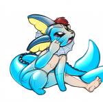 ambiguous_gender black_nose blue_body goo_transformation green_eyes hair inanimate_transformation latex made_in_china nude open_mouth sitting solo surprise tail transformation redflare500 nintendo pokemon eeveelution generation_1_pokemon pokemon_(species) vaporeon 2019