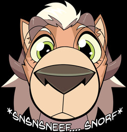 anthro black_background blonde_hair brown_body brown_fur brown_inner_ear_fluff brown_nose eyewear female fisheye_lens fur glasses green_eyes hair horn inner_ear_fluff looking_at_viewer round_glasses simple_background solo tan_inner_ear text tuft wearing_glasses somesacredbird rakton_(spicyhorns) digital_drawing_(artwork) digital_media_(artwork) english_description english_text hi_res