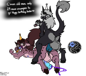 animal_genitalia animal_penis anthro athletic athletic_intersex athletic_male athletic_maleherm balls big_penis birthday black_cum bodily_fluids butt camera clothing colored_cum cum cum_drip cum_in_vagina cum_inside dialogue doggystyle dripping duo equine_genitalia equine_penis erection from_behind_position fur gag genital_fluids genitals hair hair_over_eyes happy_birthday hat headgear headwear heart_symbol hooves horn huge_penis husband_and_husband husband_penetrating_husband hyper hyper_genitalia hyper_penis impregnation intersex intersex/male male male_penetrating maleherm maleherm/male nipples nude ovum party_hat penetration penile penis purple_cum recording recording_video romantic romantic_couple sex simple_background tail tentacles text unusual_bodily_fluids unusual_cum unusual_genital_fluids vaginal vaginal_penetration video_camera vulva redgreenfluffball lorken_snowfox zach_snowfox bovid bovine cattle mammal digital_media_(artwork) english_text hi_res