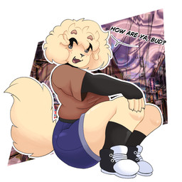 anthro black_eyes black_nose blush blush_lines bottomwear brown_eyebrows clothing eyebrows female fluffy fluffy_tail footwear freckled_face freckles fur glistening glistening_eyes hair long_tail shirt shoes short_hair shorts socks solo tail tan_body tan_ears tan_fur tan_hair tan_tail text thick_eyebrows topwear skibanana jessica_(skibanana) canid canine canis domestic_dog mammal absurd_res english_text hi_res