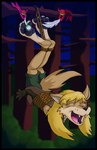 2_horns 4_toes anthro black_border black_nose black_pawpads blonde_hair bodily_fluids border bottomwear brown_body brown_clothing brown_fur brown_shirt brown_topwear brush cheek_tuft clothed clothed_anthro clothed_female clothing crying_laughing eyelashes eyes_closed facial_tuft fangs feet female fur fur_tuft furgonomic_bottomwear furgonomic_pants furgonomics green_bottomwear green_clothing green_pants group hair hanging_from_branch horn larger_anthro larger_female laugh loose_feather multicolored_body multicolored_fur open_mouth open_smile pants pawpads paws pink_body pink_tongue red_body shirt size_difference small_dom_big_sub smile snout solo_focus tan_body tan_fur tears teeth tickle_fetish tickle_torture tickling tickling_feet toes tongue toothbrush topwear trio tuft friskylittledevil dizzy_kincaid canid canine canis demon dingo mammal