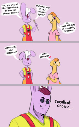 anthro apron clothing dialogue duo eyewear female glasses heart_symbol male purple_body shirt text topwear yellow_body shannonrat helltaker nintendo pokemon jovi_cap_(oc) generation_3_pokemon lagomorph leporid mammal numel pokemon_(species) rabbit comic english_text hi_res