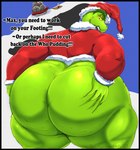 antlers big_butt blue_sky bottom_heavy bottomless bottomless_male bubble_butt butt butt_grab cellulite christmas_clothing christmas_headwear clothed clothing costume eyebrows eyelashes feral fur green_body green_fur hand_on_butt hat headgear headwear holidays horn huge_butt huge_hips huge_thighs hyper hyper_butt looking_back male mountain obese open_mouth overweight overweight_male red_eyes rhyme santa_costume santa_hat sky sled snow solo text thick_eyebrows thick_eyelashes thick_thighs wide_hips yellow_sclera soulman1 christmas dr._seuss how_the_grinch_stole_christmas! grinch max_(the_grinch) canid canine humanoid mammal 2021 english_text hi_res