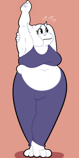 anthro belly big_belly big_breasts bottomwear bra breasts clothed clothing exercise female fur love_handles midriff navel overweight overweight_anthro overweight_female pants simple_background solo sports_bra stretching tan_background underwear white_body white_fur yoga_pants superspoe undertale undertale_(series) toriel boss_monster_(undertale) bovid caprine mammal 1:2 2015 digital_media_(artwork) full-length_portrait hi_res portrait
