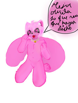 ambiguous_gender anthro bell bell_collar collar dialogue fur kneeling long_tail male male/male pink_body pink_eyes pink_fur solo speech_bubble tail text drewey felid feline mammal 3:4 hi_res partially_translated spanish_text translation_check translation_request