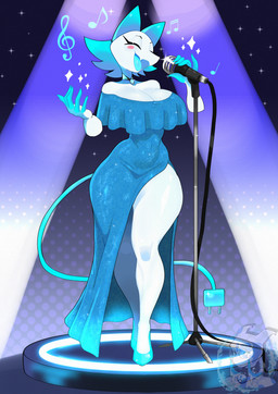 anthro big_breasts blue_clothing blue_dress blush blush_stickers breasts cleavage clothed clothed_anthro clothed_female clothing dress electronics eyes_closed female female_anthro floating_hands machine microphone open_mouth singing solo thick_thighs wide_hips emmet_twunks deltarune undertale_(series) tasque_manager android darkner felid feline mammal robot 2025 digital_media_(artwork) hi_res