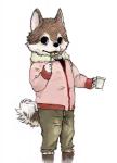 4_toes 5_fingers anthro bottomwear clothed clothing coat coiled_tail container cup cutlery eating feet fingers fully_clothed fur holding_container holding_cup holding_object holding_spoon kemono kitchen_utensils looking_at_viewer male pants shirt short simple_background solo spoon tail toes tools topwear white_background young young_anthro kunugi canid canine mammal colored digital_media_(artwork)