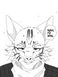 anthro clothing eyebrows fur fur_markings looking_at_viewer male markings smile smiling_at_viewer solo speech_bubble text thick_eyebrows whiskers sparxel jujutsu_kaisen nah_i'd_win felid feline mammal absurd_res hi_res meme monochrome sketch