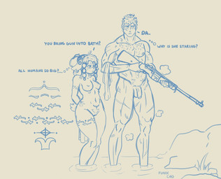 anthro big_penis duo ear_piercing ear_ring female genitals gun half-erect hot_spring male male/female muscular muscular_male penis piercing pubes ranged_weapon rifle ring_piercing scar scars_all_over shy tattoo text tribal water weapon funkcho bovid caprine goat mammal english_text hi_res sketch
