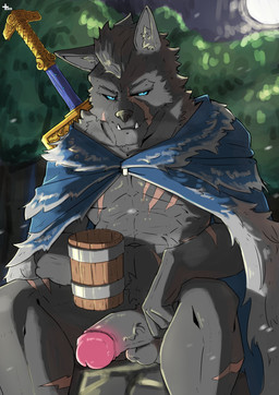 anthro balls big_penis blue_eyes cape chest_scar clothed clothing container cup erection facial_scar forest full_moon genitals holding_container holding_cup holding_mug holding_object humanoid_genitalia humanoid_penis looking_at_viewer male melee_weapon moon mug muscular muscular_male night outside partially_clothed penis plant scar sitting solo sword tree weapon monsterplus elden_ring fromsoftware blaidd_(elden_ring) canid canine canis mammal wolf absurd_res hi_res