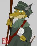 anthro book clothed clothing fully_clothed hat headgear headwear logo looking_at_viewer magic_user male robe simple_background solo uniform alvidz kobold kobold_(5e) scalie 2019 4:5 digital_media_(artwork) portrait signature source_request