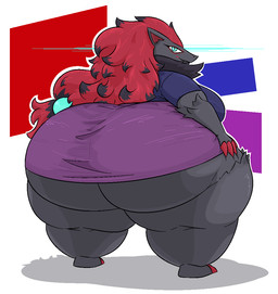 anthro big_butt black_body black_fur butt female fur hair huge_butt obese overweight rear_view red_hair solo thatoneaceguy nintendo pokemon generation_5_pokemon pokemon_(species) zoroark 2026