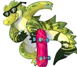 anthro blue_blush blue_scar blush blush_lines eyewear featureless_crotch green_body green_scales grin male mastectomy_scar nude radical scales scar sharp_teeth simple_background skateboard skateboarding smile snout solo sunglasses tail teeth vehicle white_background yellow_teeth jaspering rj_(jaspering) alligatorid crocodilian deinosuchus reptile scalie 2022 digital_drawing_(artwork) digital_media_(artwork) hi_res shaded trans_(lore) trans_man_(lore)