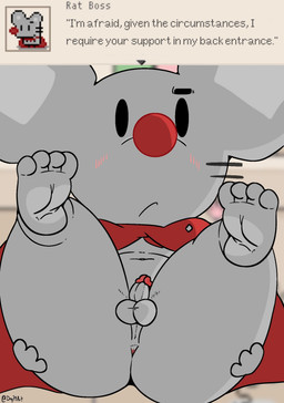anthro anus balls belly blush blush_lines butt cape clothing feet foot_focus genitals grabbing_both_legs grabbing_both_thighs humanoid_feet lying male on_back penis plantigrade presenting presenting_anus presenting_hindquarters shortstack solo text text_box tight_anus day74art towelket rat_boss_(towelket) mammal murid murine rat rodent digital_media_(artwork) english_text hi_res