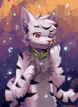 3_fingers ambiguous_gender anthro big_ears black_sclera black_stripes blush blush_lines buckle buckled_collar collar fingers fur gradient_background green_collar grey_body grey_fur heart_symbol one_eye_closed orange_background paws pink_nose purple_background red_eyes simple_background solo stripes tail white_body white_fur wink miri felid feline mammal pantherine tiger digital_drawing_(artwork) digital_media_(artwork) hi_res