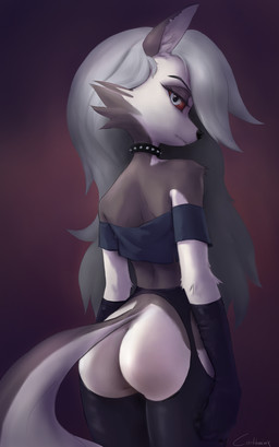 anthro big_butt butt butt_focus butt_pose clothing collar female fur gloves grey_body grey_fur grey_hair hair handwear legwear lingerie looking_at_viewer looking_back mostly_nude multicolored_body multicolored_fur pose red_eyes seductive solo corkbrainx hellaverse helluva_boss mythology loona_(helluva_boss) canid canid_demon canine canis demon hellhound mammal mythological_canine mythological_creature wolf hi_res pinup