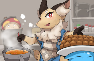 anthro asian_clothing black_pepper blue_clothing blush clothed clothing cooking east_asian_clothing female food fungus fur inner_ear_fluff japanese_clothing kemono kimono kitchen kitchen_utensils ladle mushroom neck_tuft red_eyes salt smile solo soup tools tuft k_busho cygames world_flipper shirano canid canine fox mammal hi_res