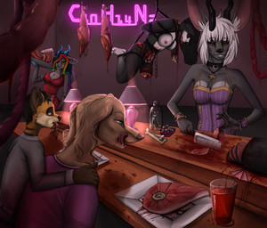 anthro blood bodily_fluids death female feral food gore gore_focus hard_vore macro male meat micro restaurant vore mankokat mythology canid canine deer dragon felid feline mammal murid murine mythological_creature mythological_scalie rat rodent scalie