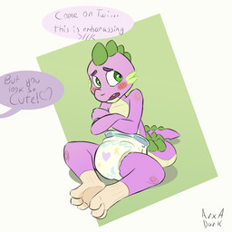 abstract_background adolescent anthro blush blush_emoticon blush_lines clothed clothing crossed_arms dialogue diaper embarrassed embarrassed_expression footwear heart_symbol looking_away male male_anthro scales shortstack shortstack_male socks solo spines text wearing_diaper young young_anthro arxadark friendship_is_magic hasbro my_little_pony mythology spike_(mlp) twilight_sparkle_(mlp) dragon mythological_creature mythological_scalie scalie 1:1 english_text signature