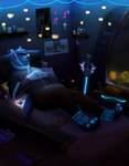 anthro bed bed_sheet bedding blue_body blue_fur blue_hair blue_light book bow_(weapon) cellphone claws clothed clothing complex_shading crystal detailed_background electronics fingers floating fluffy fluffy_tail footwear fully_clothed fur furniture hair husky_tail light lying magic male melee_weapon multicolored_body multicolored_fur multicolored_hair multicolored_pawpads multicolored_tail muscular muscular_anthro muscular_male on_bed pawpads phone pillow plant plushie ranged_weapon relaxing shoulder_pads smartphone smile snowing_outside socks solo spellbook sword tail text topwear weapon white_body white_fur white_hair window henryfda steelfire canid canine canis domestic_dog husky mammal nordic_sled_dog spitz 2022 artist_name colored detailed digital_drawing_(artwork) digital_media_(artwork) hi_res lighting shaded signature url