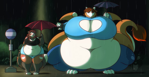 3_toes 4_fingers 4_toes anthro back_wings barefoot belly big_belly biped black_clothing black_shirt black_tank_top black_topwear blue_bottomwear blue_clothing blue_pants blue_short blue_sweater blue_topwear blue_umbrella bone bottomwear brown_hair bus_stop cleavage_cutout clothing countershade_fur countershade_tail countershade_torso countershading cutout detailed_background duo feet female female_anthro fingers fluffy fluffy_tail front_view fur hair holding_object holding_umbrella huge_belly huge_hips huge_thighs hyper hyper_belly hyper_hips hyper_thighs larger_anthro larger_male male male_anthro markings midriff morbidly_obese morbidly_obese_anthro morbidly_obese_male nature_background night obese obese_anthro obese_male overweight overweight_anthro overweight_female overweight_male pants pigeon_toed plant raining red_umbrella shirt size_difference skull skull_head smaller_anthro smaller_female striped_markings striped_tail stripes sweater tail tail_markings tank_top thick_tail thick_thighs toes topwear umbrella white_body white_countershading wide_hips wings yin_yang strawberrymilkdog ghibli my_neighbor_totoro mythology alex_velox ailurid dragon furred_dragon furred_scalie mammal mythological_creature mythological_scalie red_panda scalie 2023 character_request hi_res busty_boy_(lore)