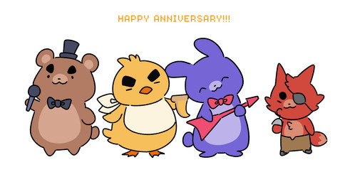 ambiguous_gender anniversary anthro beak bib brown_body brown_fur cheek_tuft chibi cute_fangs electric_guitar electronics eye_patch eyebrows eyes_closed eyewear facial_tuft fangs feathers food fur group guitar head_tuft microphone musical_instrument one_eye_closed pizza plucked_string_instrument purple_body purple_fur red_body red_fur semi-anthro size_difference smile standing star string_instrument teeth tuft wink yellow_body yellow_feathers viceravermillion five_nights_at_freddy's scottgames bonnie_(fnaf) chica_(fnaf) foxy_(fnaf) freddy_(fnaf) avian bear bird canid canine chicken fox galliform lagomorph leporid mammal phasianid rabbit 2020 animated hi_res