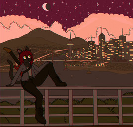 anthro bass_guitar black_boots black_bottomwear black_clothing black_footwear black_pants boots bottomwear city city_background clothing cloud female fence footwear green_eyes guitar hair jacket long_hair mountain musical_instrument night pants plucked_string_instrument red_hair shoes solo star string_instrument topwear crischar_foxito roxy_(crischar_foxito) domestic_cat felid feline felis mammal hi_res