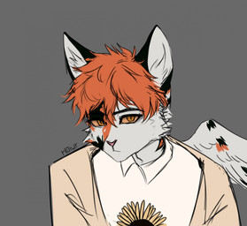 anthro clothed clothing eyebrows feathers flower fur hair inner_ear_fluff looking_at_viewer male orange_eyes orange_hair pink_nose plant simple_background solo sunflower tuft white_body white_fur wings r10iwr felid feline mammal character_request hi_res portrait watermark