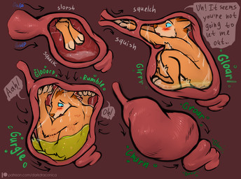 anthro anthro_prey blue_eyes blush bodily_fluids brown_hair dialogue digestion directional_arrow esophagus fatal_vore guts hair inside_stomach intestines male male_prey melting nude oral_vore orange_body organs rumbling_stomach soft_vore solo speech_bubble stomach_acid struggling text unseen_pred vore darkdraconica dave_(darkdraconica) canid canine fox mammal comic english_text url