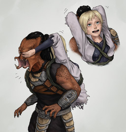 carrying_another clothed clothing covering covering_eyes covering_face dreadlocks duo female machine male mandibles scales severed_body_part chestnuthead predator:_badlands predator_(franchise) dek_(predator) thia_(predator) alien android humanoid robot robot_humanoid yautja hi_res
